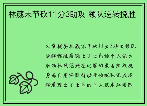 林葳末节砍11分3助攻 领队逆转挽胜